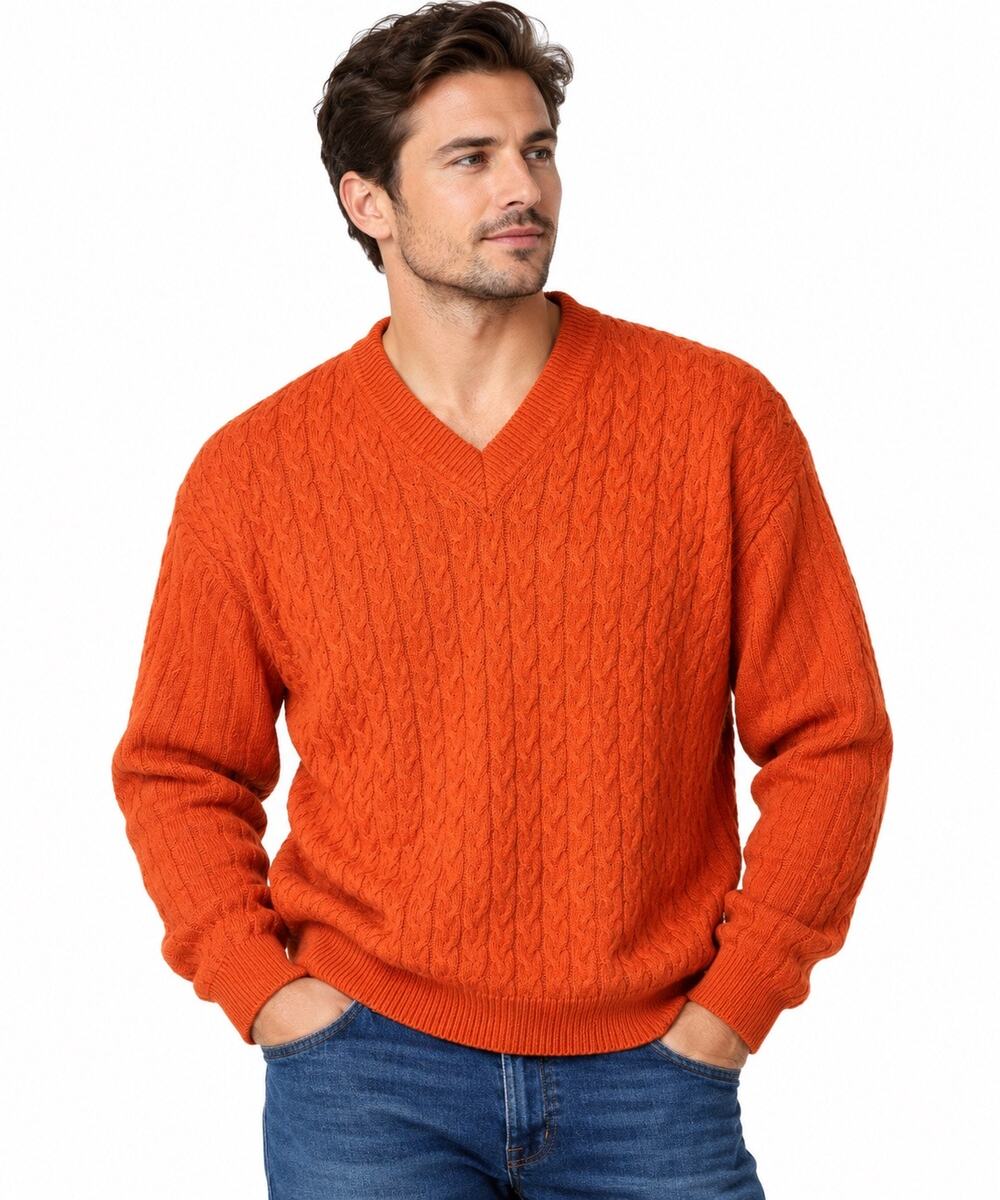 Belford Vintage Orange Cable Knit V-Neck silk Sweater Men’s Pullover size Large